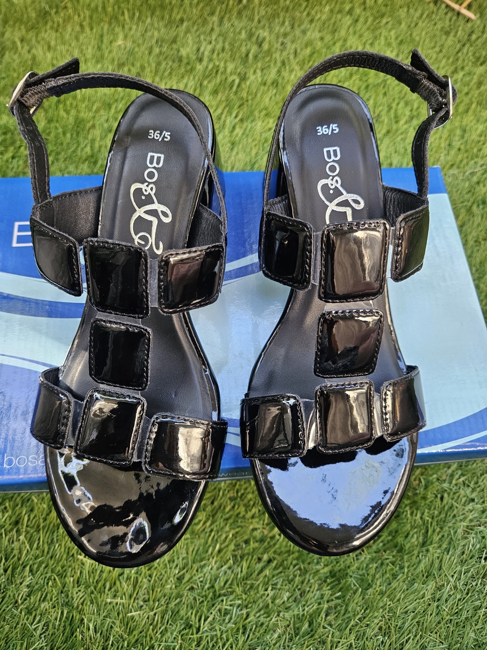 Bos.&Co GLOW Black Patent PU Strappy Block Heel Womens Sandals Sz 36/5 New NIB